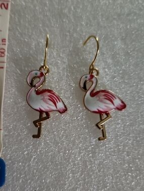 Hand Crafted Pink and White Flamingo Enamel Drop Earrings with Gold Hooks